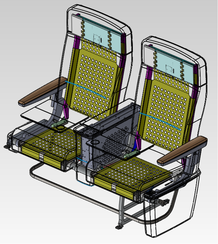 CAD model of the E190-E2 paired-seat assembly showing frames, seat backs, and component integration