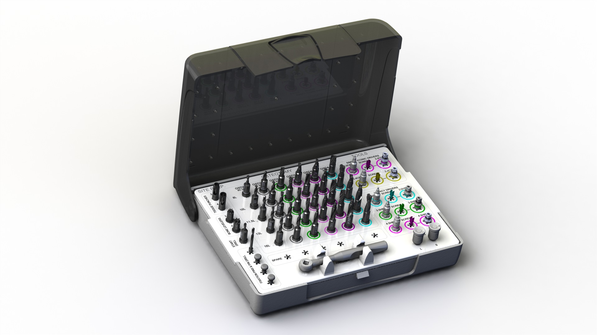 Final DIRECTguide surgical kit design render showing an open case with instruments and a color-coded tray