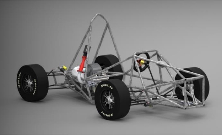 CAD rendering of the Formula SAE chassis with wheels and vehicle components