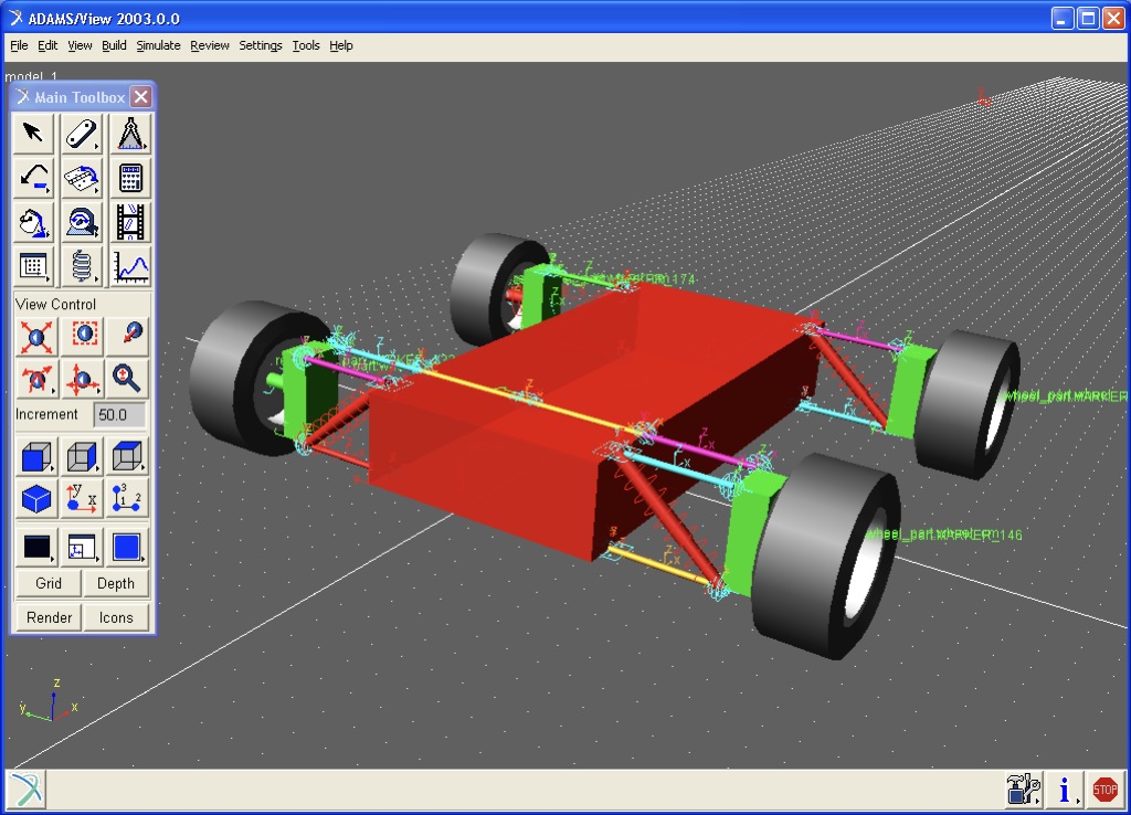 ADAMS simulation model of a vehicle chassis, wheels, and suspension geometry
