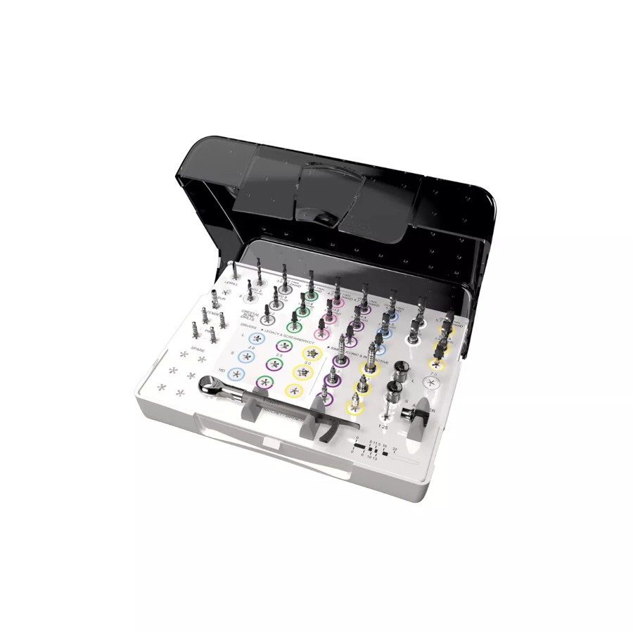 Open Implant Direct IGNITEKIT-ICONIC tray with organized surgical instruments