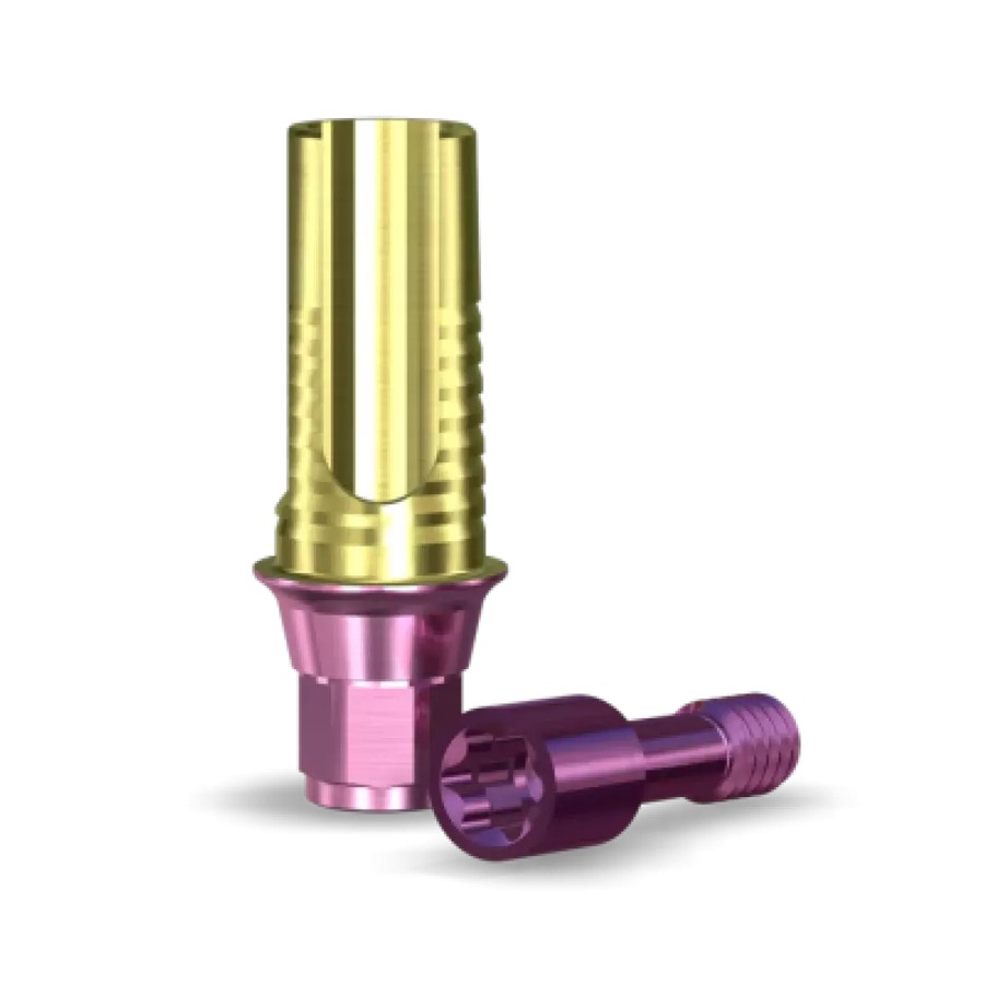 Gold and pink SMARTbase TiBase abutment with fixation screw